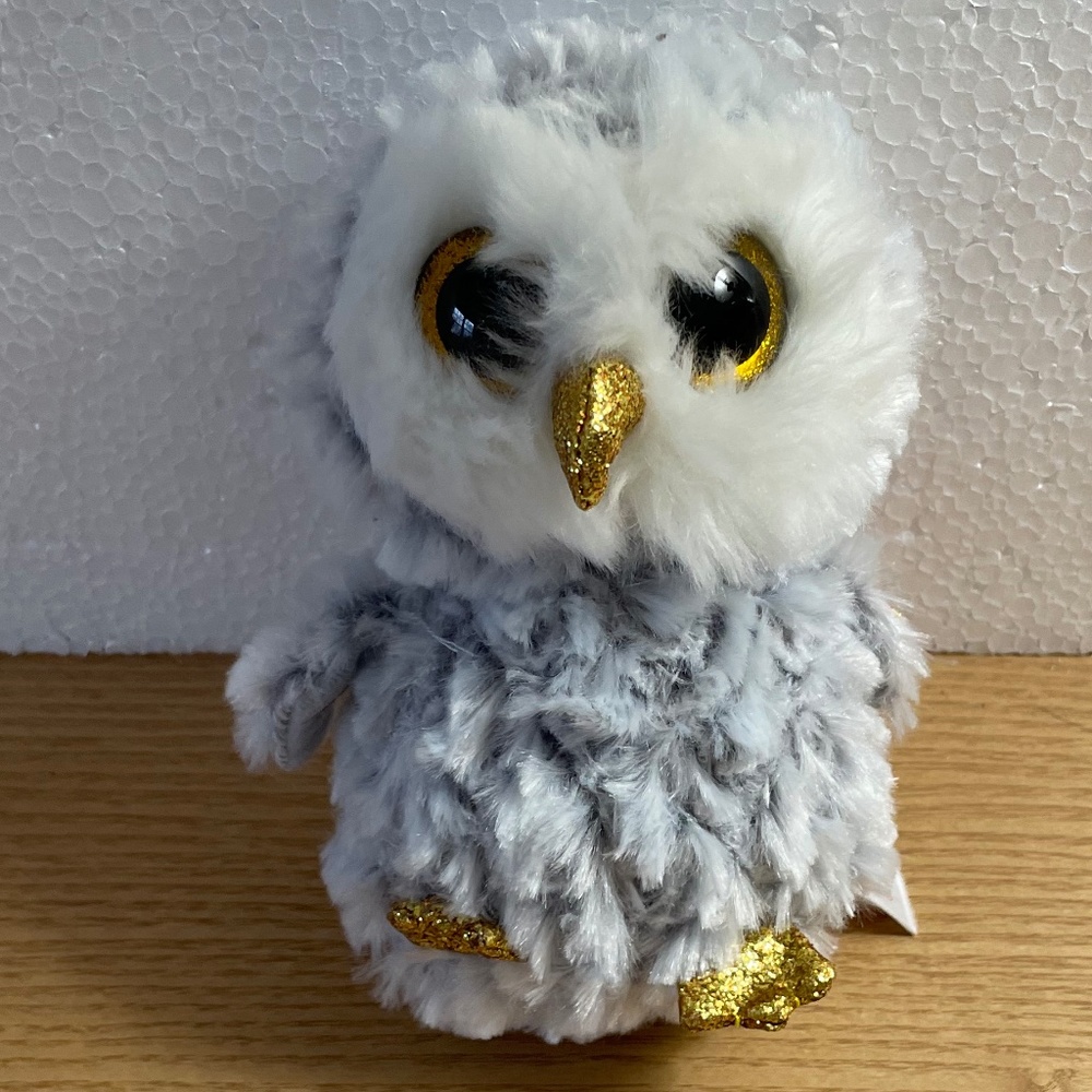 Ty Beanie Boos Plush Owl Owlette Gray White Big Gold Glitter Eyes New w Tags 8"